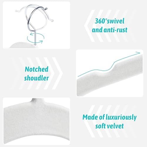 Sishynio Velvet Hangers 100 Pack, Non-Slip Slim Felt Clothes Hangers White | Space-Saving Closet Organization; Flocked Surface; 360° Swivel Hooks; For Shirts, Coats, Dresses, Blouses - Image 2