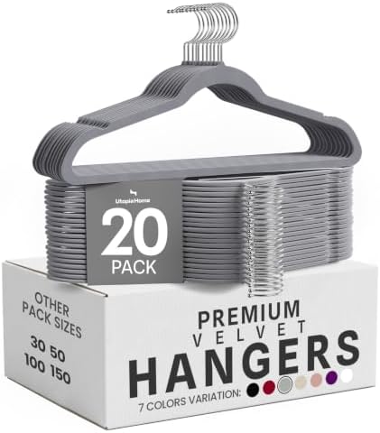 Utopia Home Velvet Hangers 20 Pack, Grey | Luxury Non-Slip Slim Pant & Coat Hangers | Strong Space-Saving Clothes Hangers | 360° Swivel Hook by UTOPIAHOME