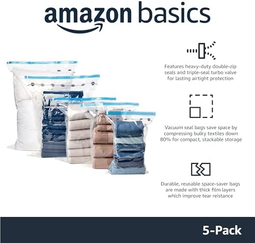 Amazon Basics Vacuum Storage Bags, Compression Space Saving for Clothes and Linens, Reusable with Hand Pump, Large, Clear, 5 Count (Pack of 10) - Image 2