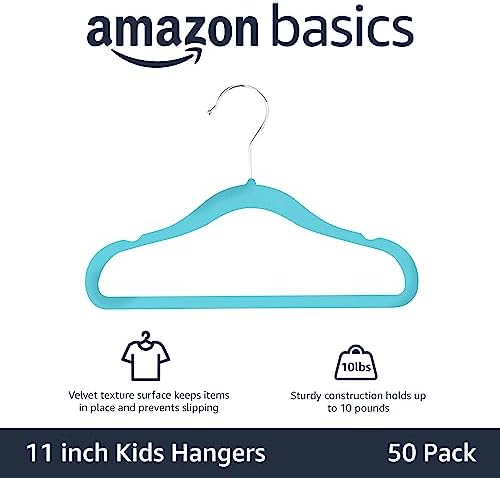 Amazon Basics Kids Space Saving Velvet Non-Slip Clothes Hangers with Shoulder Notches for Infant and Toddler, 11.6", Blue, 50-Pack - Image 2