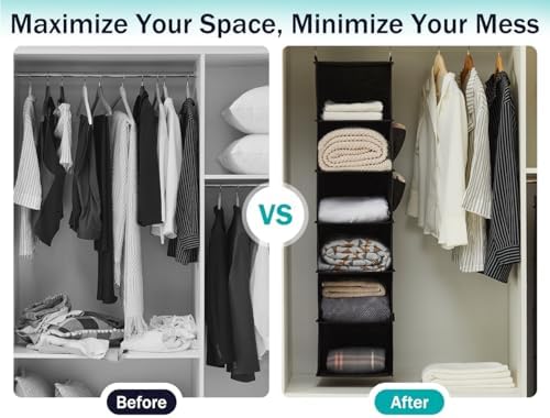 YOUDENOVA Hanging Closet Organizer and Storage, 6-Shelf, Black | Breathable Fabric, 2 Side Pockets, Clothes Organizer, Hanging Shelves, Closet Storage, College Dorm Room Essentials for Guys - Image 6
