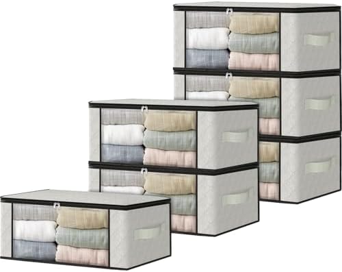 HomeHacks 6-Pack Clothes Organizer Storage Bags, 35L Storage Bins, White | Foldable Storage Box Container with Zippers, Clear Window, Reinforced Handles for Closet, Dorm, Pillows, Bedding, Sweater by HomeHacks