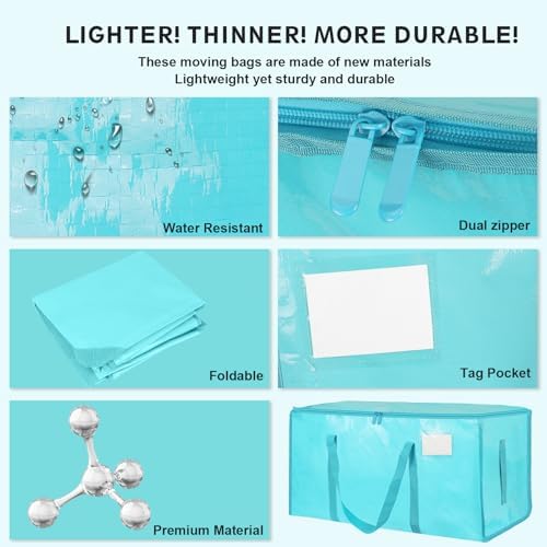 4 Pack-Extra Large Heavy Duty Moving Bags - Waterproof Storage Totes with Handles & Zippers, Foldable for College Dorm, Storage (lake blue) - Image 4