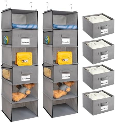 BrilliantJo 2 Pack 6 Shelves Hanging Closet Organizer with 2 Drawer, Hanging Storage with 4 Side Pockets for Clothes Shoes, 43.5"x12"x12"(Gray) by BrilliantJo