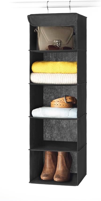 Whitmor 5 Tier Shelf Hanging Closet Organizer, Hanging Shelves with 2 Sturdy Metal Hooks,Foldable(Black) - Image 2