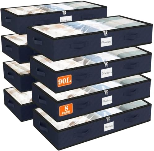 90L Under Bed Storage Containers, Storage Bags, Organizers, 8-Pack, Blue | Foldable, Soft Fabric, Closet Organizers, Reinforced Handle, Label Holder, Clear Window, for Comforters, Clothing, Blankets by Unknown