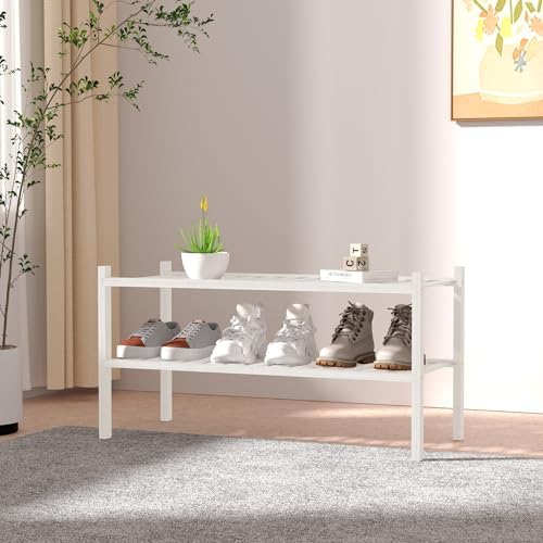 ROMGUAR CRAFT 2 Tier Bamboo Shoe Rack for Closet Free Standing Wood Shoe Shelf for Entryway Small Space Stackable 27"x11"x13" (White) - Image 2
