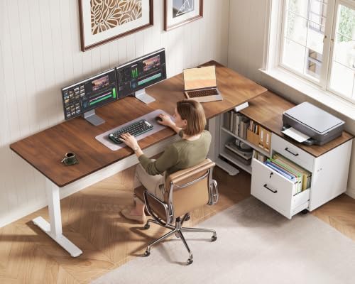 OffiGo 63" L Shaped Electric Standing Desk with Cabinet Sets, Walnut/White - Image 7
