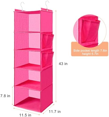 BOOMIBOO Hanging Closet Organize and Shelves,5-Hanging Shelf（Pink） | with 2 Side Pockets，Storage Foldable - Image 3