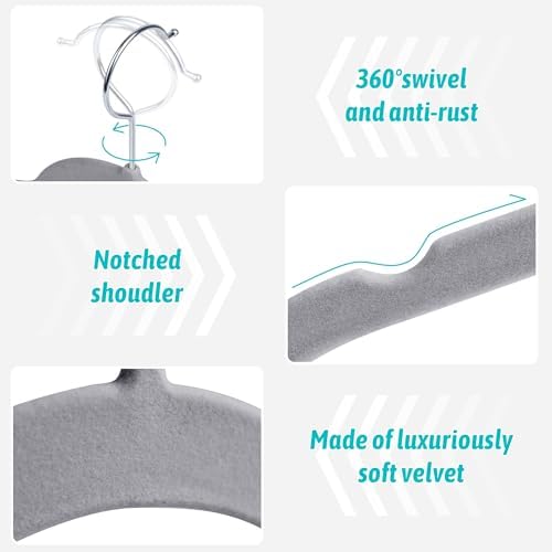 Sishynio Velvet Hangers 50 Pack, Non-Slip Slim Felt Clothes Hangers Gray | Space-Saving Closet Organization; Flocked Surface; 360° Swivel Hooks; For Shirts, Coats, Dresses, Blouses - Image 2