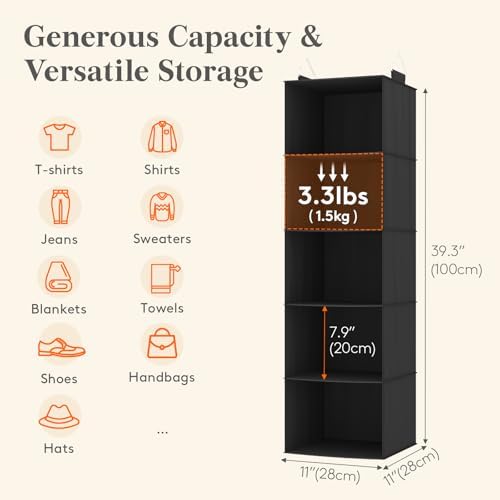 Lifewit Hanging Closet Organizer and Storage for Clothes 5 Tier | Portable, Foldable, Fabric, Top of Shelves with 2 Sturdy Hooks, Clothing Organization for Wardrobe, Dorm, Bedroom, Black - Image 3