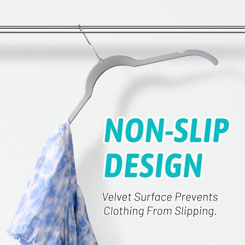 Sishynio Velvet Hangers 50 Pack, Non-Slip Slim Felt Clothes Hangers Gray | Space-Saving Closet Organization; Flocked Surface; 360° Swivel Hooks; For Shirts, Coats, Dresses, Blouses - Image 4