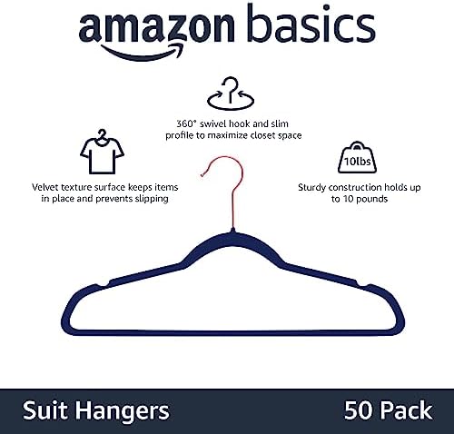 Amazon Basics Slim Velvet Non-Slip Space Saving Suit Clothes Hangers, Sturdy Construction, Navy Blue/Rose Gold, 50-Pack - Image 2