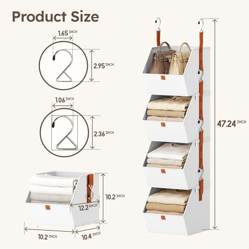 Homsorout Collapsible Hanging Closet Organizer - 3 Tier Closet Shelves Storage System with Hooks, Fabric Hanging Storage Bins for Clothes, Foldable Storage Basket for Laundry, Bedroom, Rv, White - Image 6