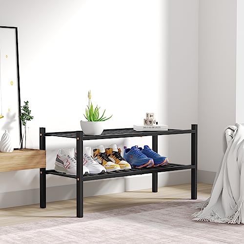 ROMGUAR CRAFT 2 Tier Bamboo Shoe Rack for Closet Free Standing Wood Shoe Shelf for Entryway Small Space Stackable 27"x11"x13" (Black) - Image 7