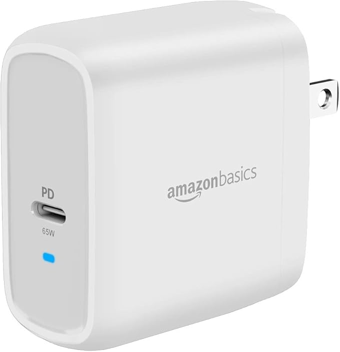 Amazon Basics 65W One-Port GaN USB-C Wall Charger with Power Delivery PD, Foldable Plug, Portable, Fast Charging for Laptops, Tablets & Phones, Non-PPS, White by AmazonBasics