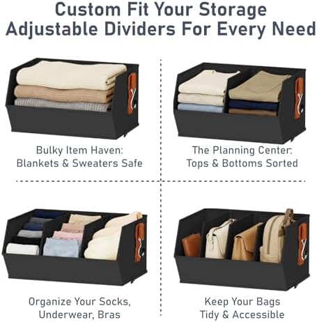 DIMJ Hanging Closet Organizer Extra Large, Clothes Hanging Shelves for Closet with Divider, Collapsible Closet Storage System, Fabric Storage Bins for Home, Black, 15.75 × 12.20 × 9.44, 3 Pack - Image 5