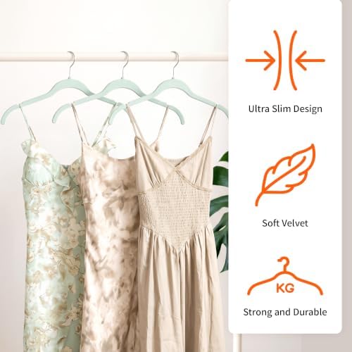 Sishynio Velvet Hangers 50 Pack, Non-Slip Slim Felt Clothes Hangers Green | Space-Saving Closet Organization; Flocked Surface; 360° Swivel Hooks; For Shirts, Coats, Dresses, Blouses - Image 3