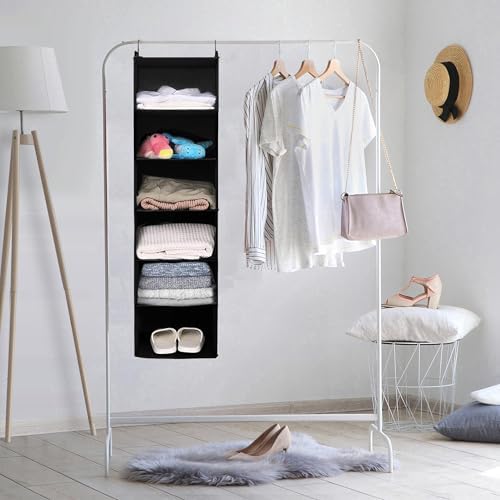 MAX Houser 6 Tier Hanging Closet Organizer with 2 Sturdy Hooks, Black | Dorm Room Essentials with 2 sturdy hooks, foldable lightweight fabric closet storage, space-saving design for Bedroom - Image 6