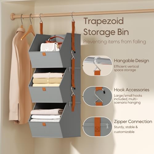 Homsorout Collapsible Hanging Closet Organizer - 6 Tier Closet Shelves Storage System with Hooks, Fabric Hanging Storage Bins for Clothes, Foldable Storage Basket for Laundry, Bedroom, Rv, Grey - Image 3