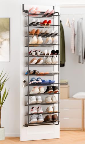 Whitmor 36 Pair Over the Door Shoe Rack,12 Tier Hanging Shoe Organizer with Metal Frame & Mesh Shelves, Heavy Duty Shoe Storage Holder for Door, 74" H x 21.7" W x 7.5" D, Matt Gunmetal by Whitmor