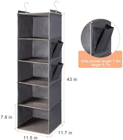 BOOMIBOO Hanging Closet Organize and Shelves，5-Hanging Shelf with 2 Side Pockets，Storage Foldable （Grey） | Dorm Room Essentials, Clothes Organizer with 2 Side Pockets, Hanging Shelves for Closet Storage, Breathable Fabric - Image 3