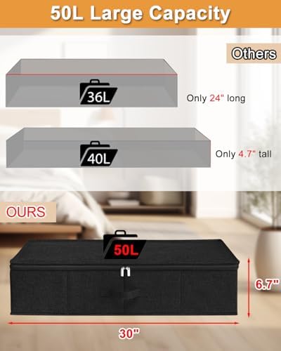 punemi 50L Under Bed Storage Containers with Zipper Lid, 3Pack, Black | Sturdy Sides and Bottom wieh Ultra-Thick Fabric and 3 Handles, Foldable Design, for Blanket & Shoe Storage, Clothes Organizer - Image 2