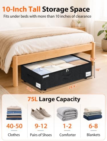 punemi 10" Tall 75L Under Bed Storage Bins with Wheels, Rolling Storage Bin | Clear Lids,360° Wheels,for Clothes, Shoes, Blankets & Bedding, Closet, Shelf & Dorm Organization，2-Pack, Black - Image 2