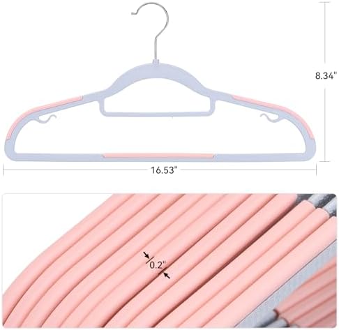 Tonswachic Pack of 50 Coat Hangers, Space-Saving Plastic Clothes Hangers, Non-Slip, 0.2 Inches Slim, 360° Swivel Silver Hook for Shirts, Pants, Suit & Wet/Dry Garments, Pink and Dark Gray - Image 2