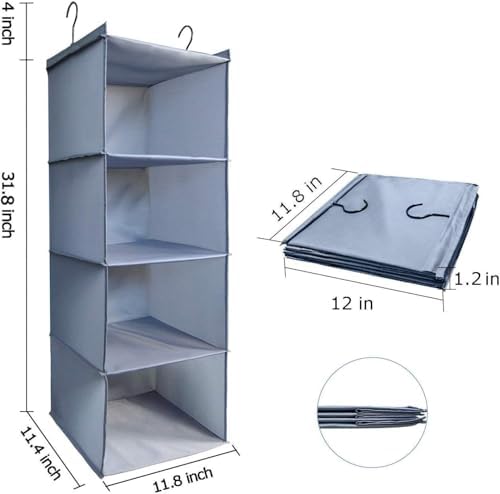Hanging Closet Organizer 4-Shelf, Oxford Fabric Wardrobe Storage, Gray | Easy-mount foldable design holds clothes, handbags, shoes & accessories; washable Oxford fabric, sturdy and space-saving. - Image 3
