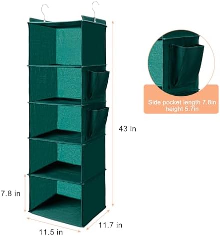 BOOMIBOO Hanging Closet Organize and Shelves,5-Hanging Shelf（Green） | with 2 Side Pockets，Storage Foldable - Image 3