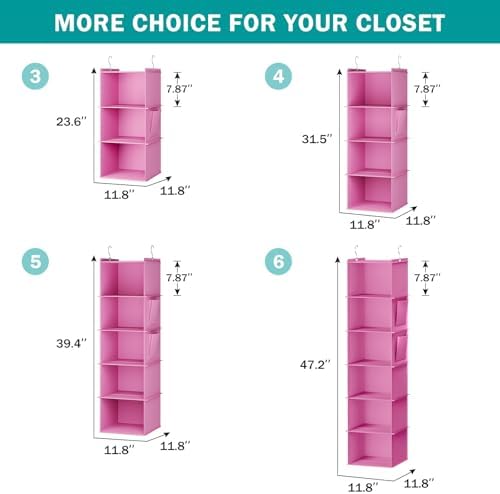 YOUDENOVA Hanging Closet Organizer and Storage, 5-Shelf, Light Pink | Locker/RV/Camper Organizer, 2 Side Pockets, Hanging Shelves for Small Closet, Dorm Room Essentials for Guys, Non-woven Fabric - Image 6