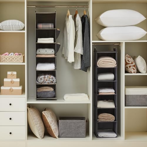 YOUDENOVA Hanging Closet Organizer and Storage, 6-Shelf, 2 Packs, Grey | Breathable Fabric, 2 Side Pockets, Clothes Organizer, Hanging Shelves, Closet Storage, College Dorm Room Essentials for Guys - Image 2