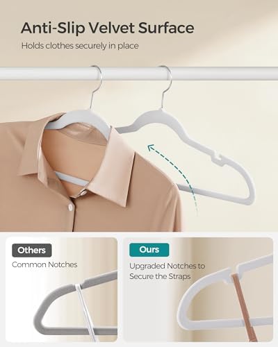 SONGMICS Velvet Hangers 50 Pack, Non-Slip Clothes Hangers, Space-Saving | Suit Hangers with Shoulder Notches, Pants Bar, 360° Swivel Hook, for Closet, Cloud White, BREANNA Collection UCRF029W05 - Image 3