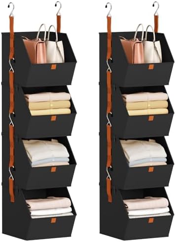 Homsorout Hanging Closet Organizer 4 Tier - Clothes Hanging Shelves, Space-Saving Closet System, Fabric Storage Bins Bedroom Organization, Collapsible Baskets for Home, Dorm, Rv, Black, 8 Pack by Homsorout