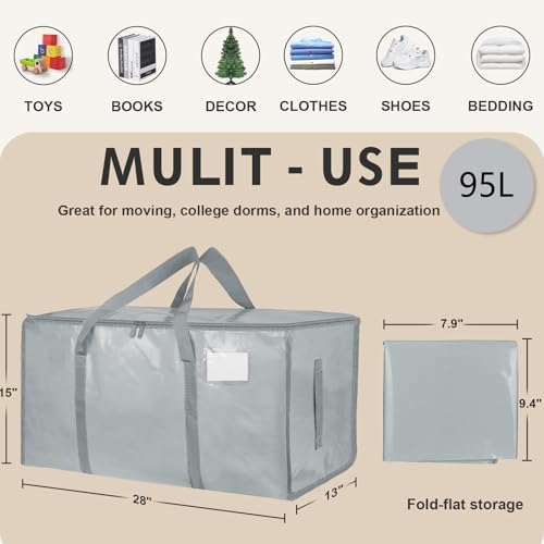4 Pack-Extra Large Heavy Duty Moving Bags - Waterproof Storage Totes with Handles & Zippers, Foldable for College Dorm, Storage (light gray) - Image 2