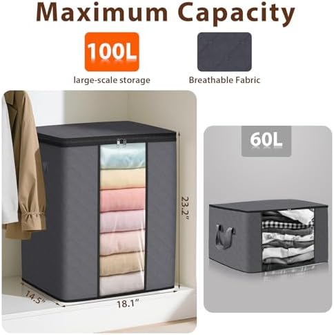 SpaceWhisper 3 Pack 100L Clothes Storage, Foldable Storage Bags, Grey | Thick Fabric, Clear Window, with Reinforced Handle, for Clothing, Blanket, Comforters, Bedding Organizing - Image 2
