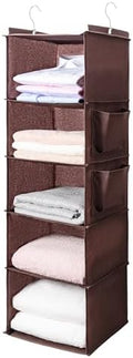 BOOMIBOO Hanging Closet Organize and Shelves,5-Hanging Shelf（Browm） | with 2 Side Pockets，Storage Foldable by BOOMIBOO
