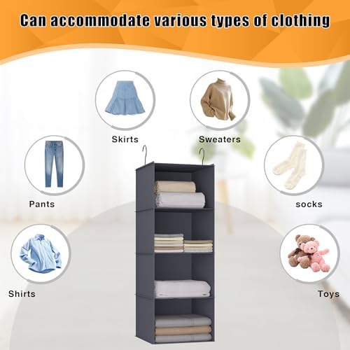 Hanging Closet Organizer 4-Shelf, Oxford Fabric Wardrobe Storage, Dark Grey | Easy-mount foldable design holds clothes, handbags, shoes & accessories; washable Oxford fabric, sturdy and space-saving. - Image 7