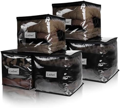 Clear Zippered Plastic Clothes Storage Bags, 6 Pack, Black | Clear Storage Bags with Zipper Plastic Storage Bags for Clothes Sweaters Blankets Sheets, Size: 12 x 12 x 12 Inch by Heonay