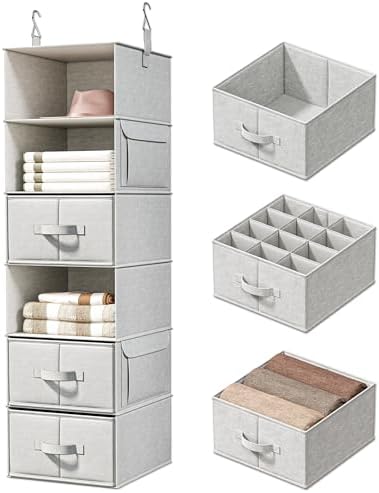 6-Shelf Hanging Closet Organizer with 3 Fabric Drawers, Silver Gray | Removable Fabric Drawers, Side Pockets, Reinforced Structure, Space-Saving Storage for Clothes, Nursery and Dorm Rooms by Vailando