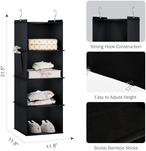 YOUDENOVA Hanging Closet Organizer and Storage for Clothes, 4-Shelf, Black | Locker/RV/Camper Organizer, Side Pocket, Hanging Shelves for Small Closet, Dorm Room Essentials for Guys, Breathable Fabric - Image 3