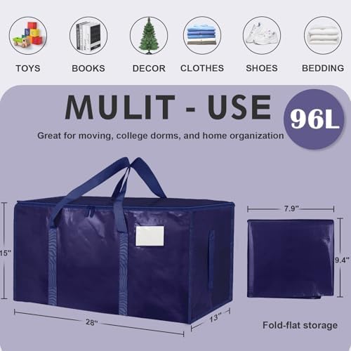 12 Pack-Extra Large Heavy Duty Moving Bags - Waterproof Storage Totes with Handles & Zippers, Foldable for College Dorm, Storage (Dark Blue) - Image 2