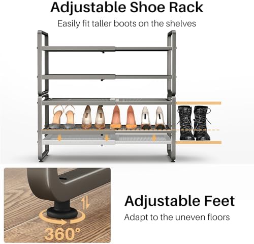 SNTD Expandable Metal Shoe Rack for Closet, Entryway & Garage, 4-Tier, Grey | Adjustable Height for Boots, Stackable Design, Dense Mesh Shelves for Heels, Fits Small Spaces, Apartments and Rentals - Image 7