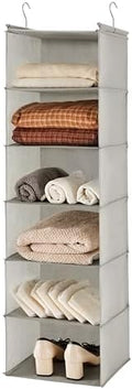 MAX Houser 6 Tier Shelf Hanging Closet Organizer with 2 Hooks, Light Grey | foldable lightweight fabric closet storage, space-saving design for Bedroom, Closet Hanging Shelf for Storage by MAXHouser