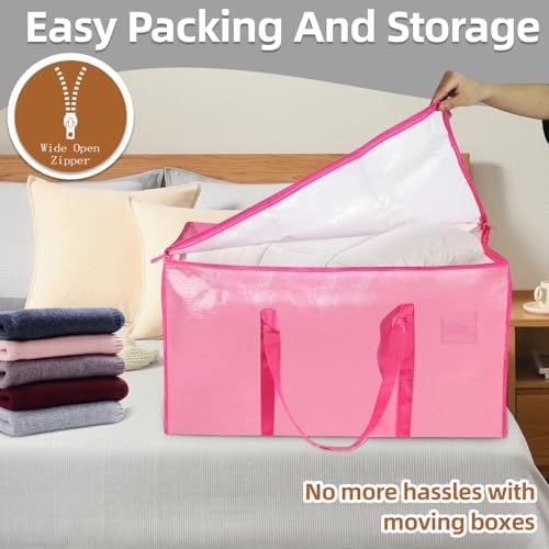 6 Pack-Extra Large Heavy Duty Moving Bags - Waterproof Storage Totes with Handles & Zippers, Foldable for College Dorm, Storage (Pink) - Image 5
