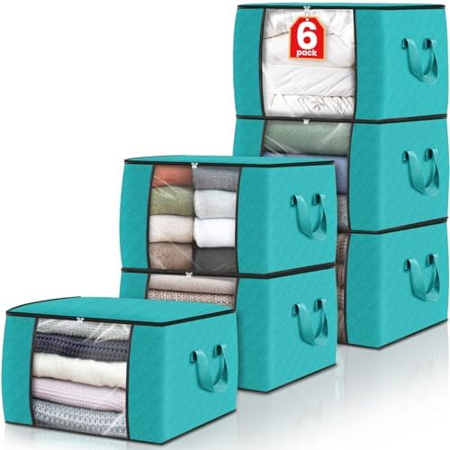 Fab totes 6 Pack Storage Bags for Clothes Blanket Storage Bins with Lids | Foldable Closet Organizers with Zippers,Window and Handles,Fabric Storage Bins for Sweater,Comforter,Bedding,Dorm essentials by Fabtotes