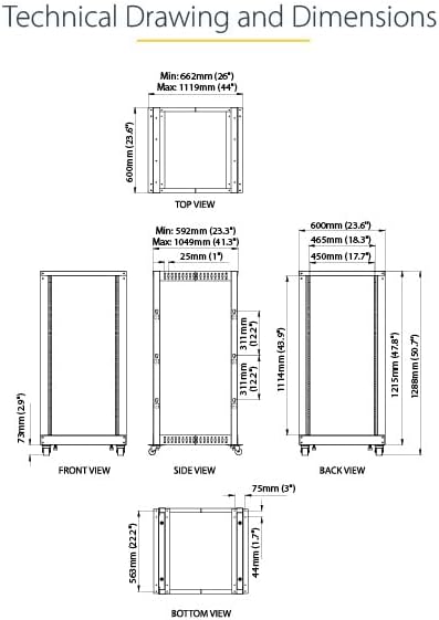 StarTech 25U 4-Post Open Frame Server Rack, 19in, 1200lb/544kg, Mobile - Image 7