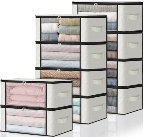 HomeHacks 10-Pack Clothes Organizer Storage Bags, 35L Storage Bins, White | Foldable Storage Box Container with Zippers, Clear Window, Reinforced Handles for Closet, Dorm, Pillows, Bedding, Sweater by HomeHacks
