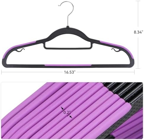 Tonswachic Pack of 30 Coat Hangers, Space-Saving Plastic Clothes Hangers, Non-Slip, 0.2 Inches Slim, 360° Swivel Silver Hook for Shirts, Pants, Suit & Wet/Dry Garments, Purple and Black - Image 2